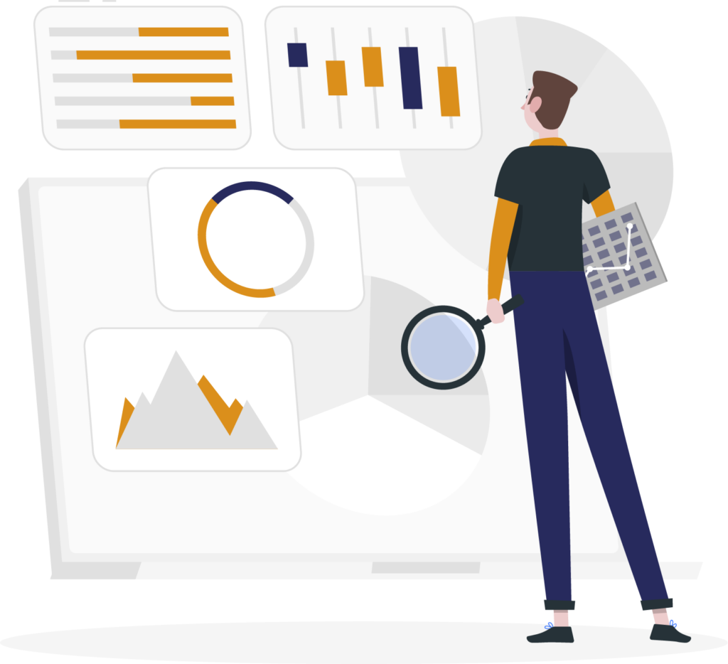 illustration of a man looking at oversized stats